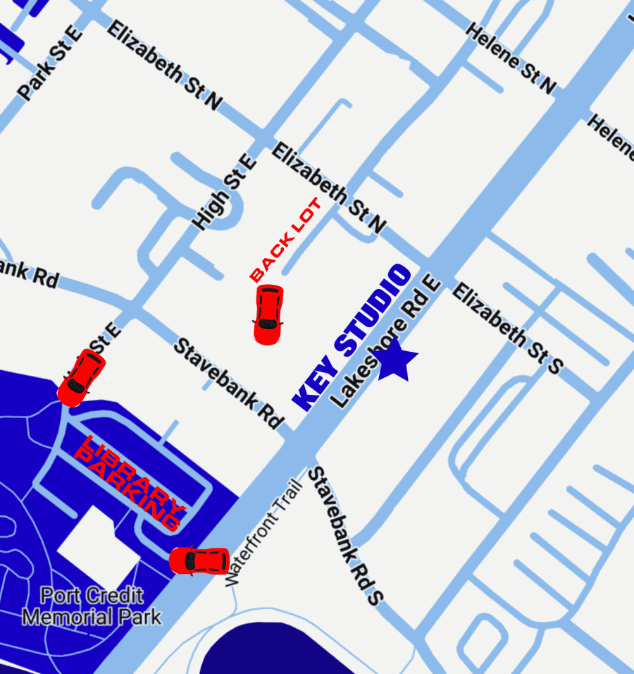 Map showing Key Studio on Lakeshore Road East, the back lot parking behind the building off Elizabeth Street, and free parking at the Port Credit Library